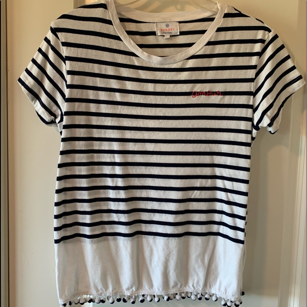 EUC Striped Short Sleeve Top with Pom Poms